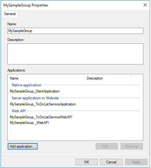 Screenshot of the My Sample Group Properties dialog box showing the ToDoListService WebAPI listed in the Application section.