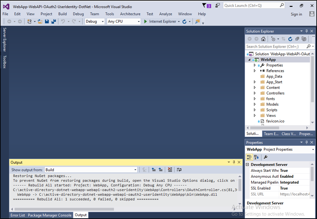 Screenshot that shows that the restoration of the NuGet packages was successful.