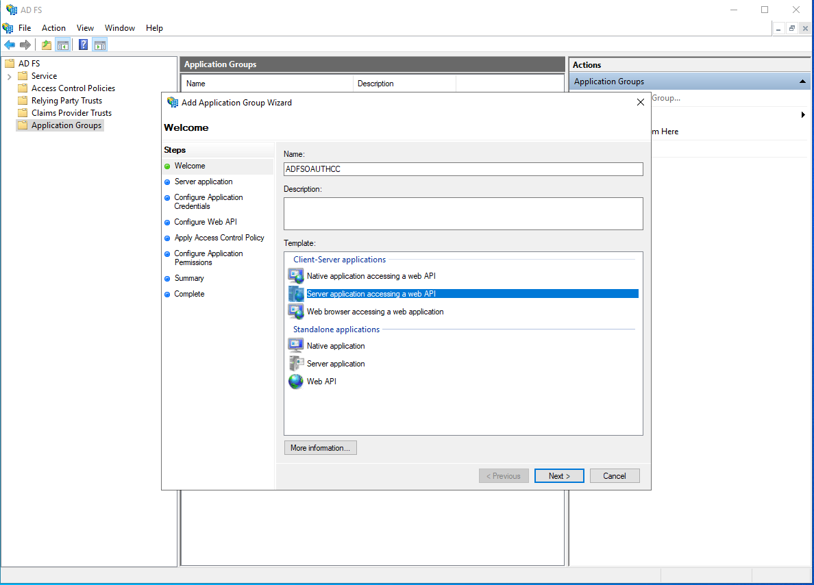 Screenshot that shows where to select the template for the server application that accesses a Web A P I.