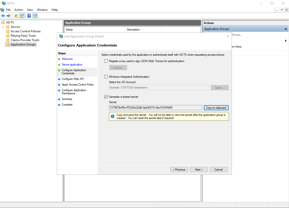 Screenshot that shows the Configure Application Credentials page.