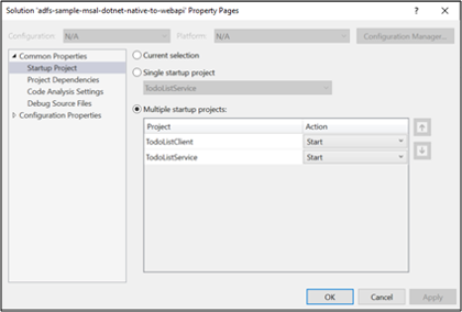Screenshot of the Solution Property Pages dialog box showing the Multiple startup project option selected and all of the projects' actions set to Start.