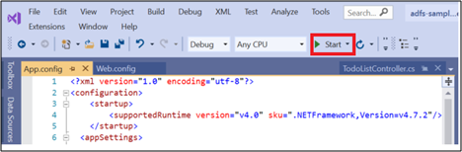 Screenshot of the Visual Studio UI with the Start option called out.