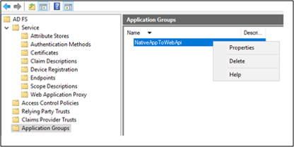 Screenshot of the A D F S Management dialog box showing the NativeAppToWebApi group highlighted and the Properties option in the dropdown list.