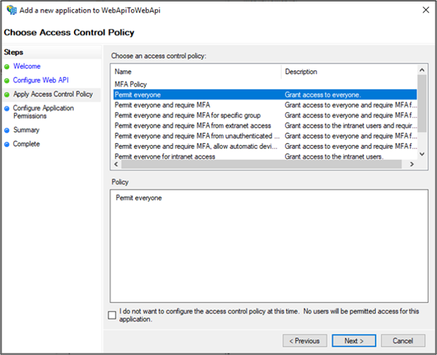 Screenshot of the Choose Access Control Policy page of the Add a new application to WebApiToWebApi wizard showing the Permit everyone option highlighted.