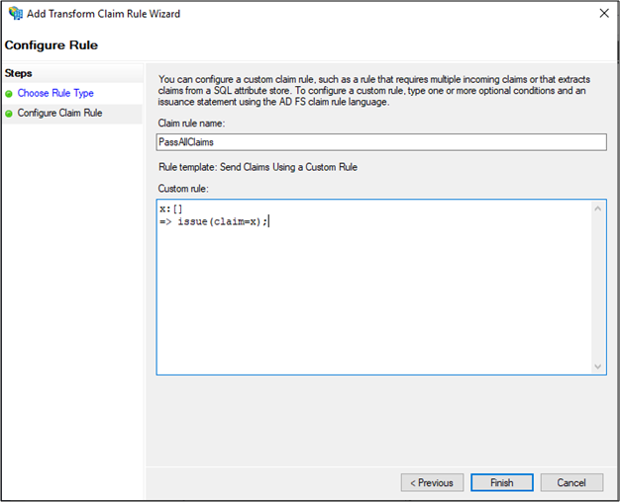 Screenshot of the Configure Rule page of the Add Transform Claim Rule Wizard showing the configuration explained above.