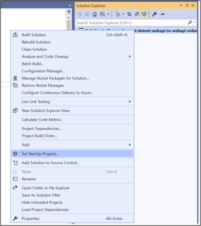 Screenshot of the list that appears when you right-click the solution with the Set Start Up Projects option highlighted.