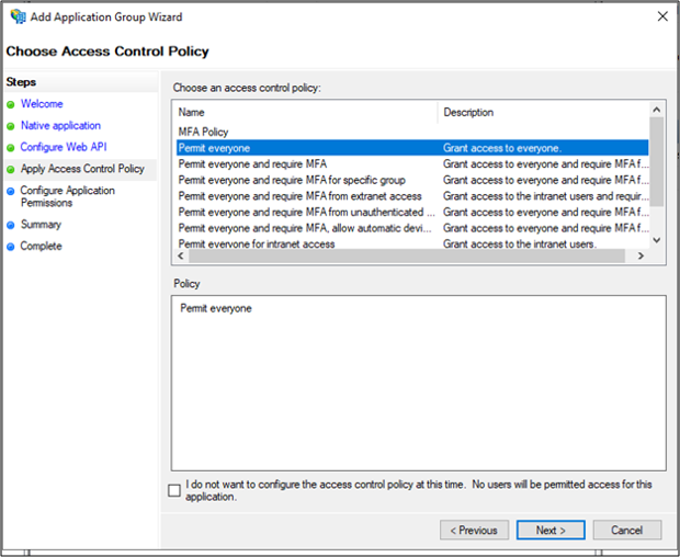 Screenshot of the Choose Access Control Policy page of the Add Application Group Wizard showing the Permit everyone option highlighted.