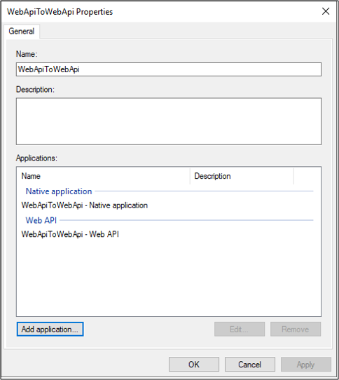 Screenshot of the WebApiToWebApi Properties dialog box showing the WebApiToWebApi - Web A P I application listed.