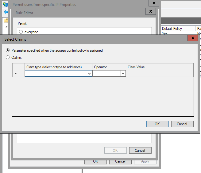 Screenshot that shows the Parameter specified when the access control policy is assigned option.