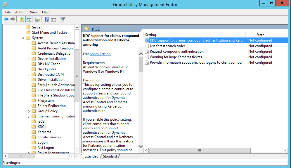 Screenshot of the Group Policy Management Editor showing the KDC support for claims, compound authentication, and Kerberos armoring setting highlighted.