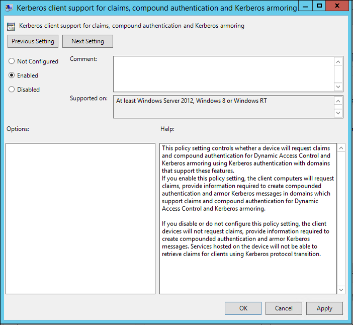 Screenshot of the KDC support for claims, compound authentication and Kerberos armoring dialog box showing the Enabled option selected.