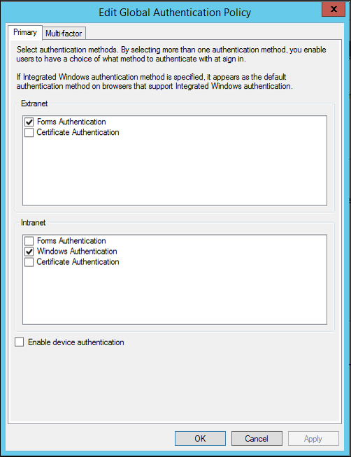 Screenshot of the Edit Global Authentication Policy dialog box showing the Windows Authentication option selected.