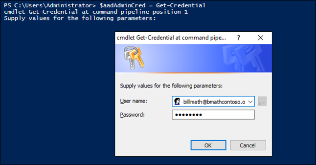 Screenshot that shows where to provide the Azure AD global administrator credentials.