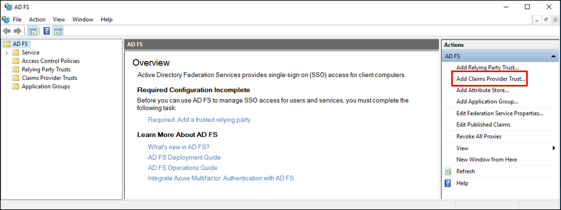 Screenshot that highlights the Add Claims Provider Trust action.
