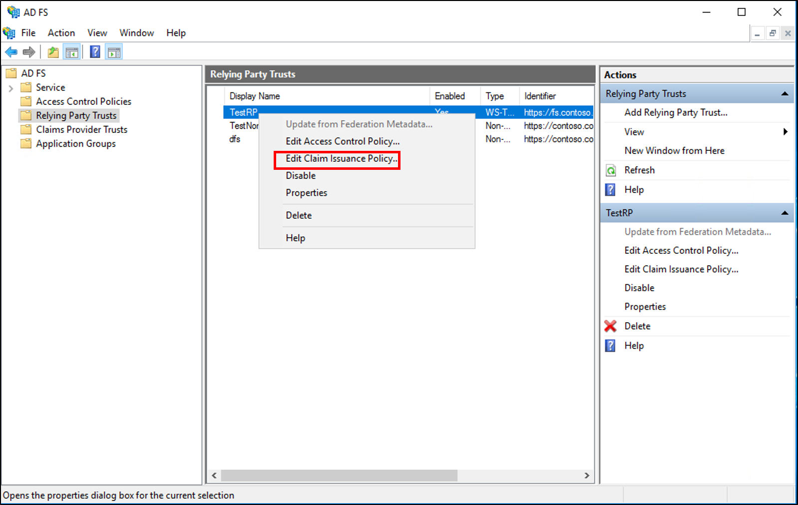 Screenshot that shows where to select Edit Claim Issuance Policy when you create a rule to send LDAP attributes as claims for a Relying Party Trust in Windows Server 2016.