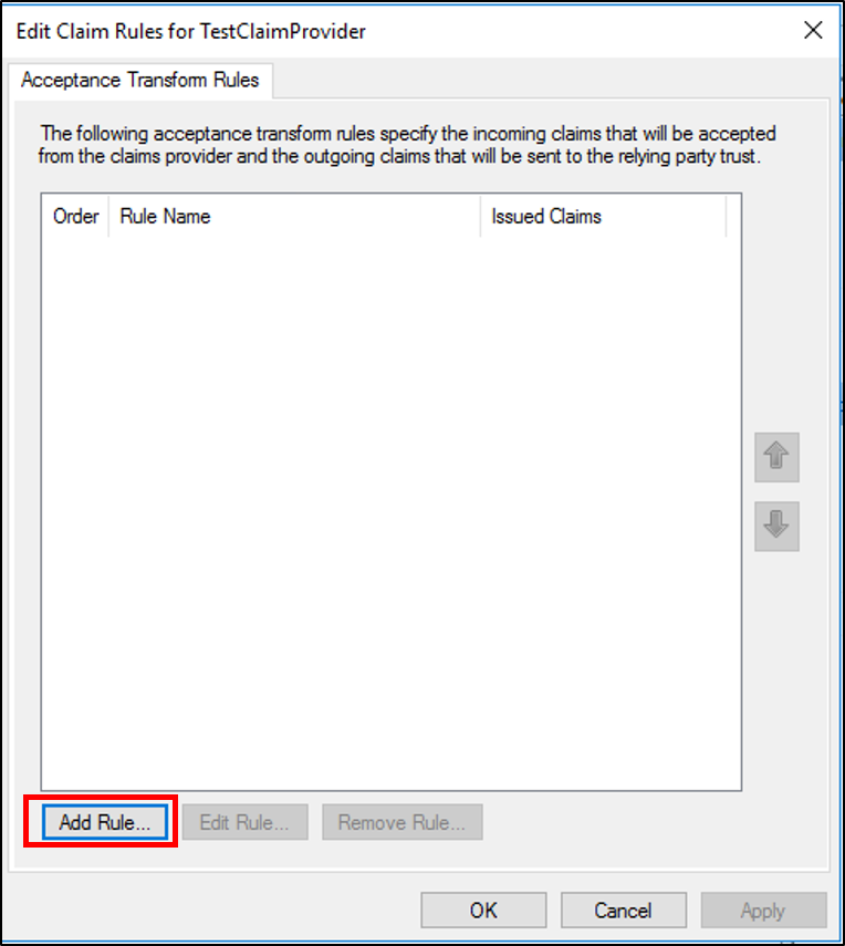 Screenshot that shows where to select Add Rule when you create a rule to send group membership as a claim on a Claims Provider Trust in Windows Server 2016.