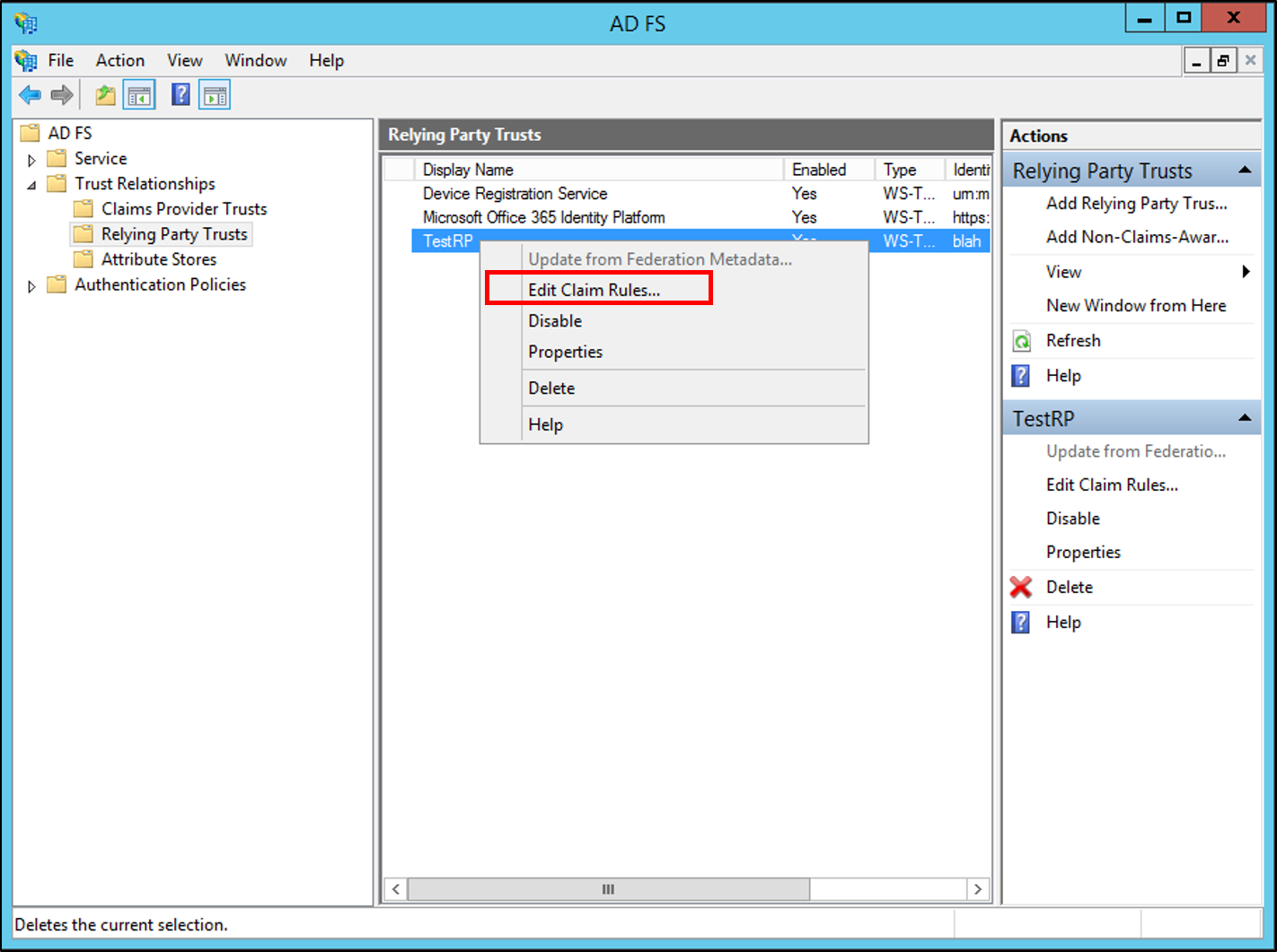 Screenshot that shows where to select Edit Claim Rules when you create a rule to send group membership as a claim in Windows Server 2012 R2.