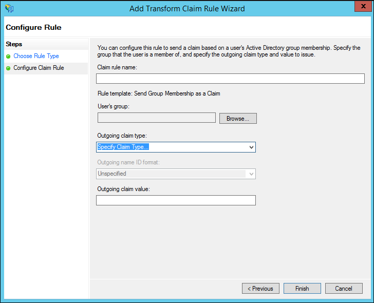 Screenshot that shows where to type the claim rule name when you create a rule to send group membership as a claim in Windows Server 2012 R2.