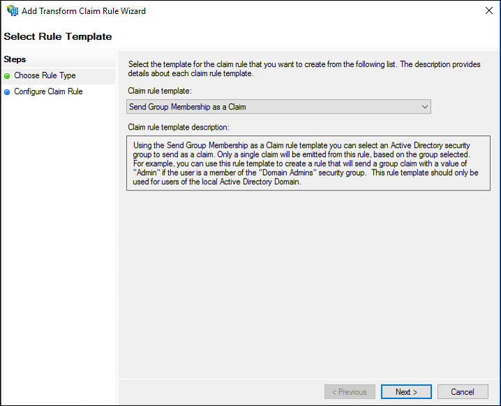 Screenshot that shows where to select the Send Group Membership as Claim template when you create a rule to send group membership as a claim on a Claims Provider Trust in Windows Server 2016.