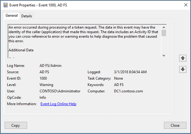 Screenshot of the Event Properties dialog box showing the results of a 1000 event I D.
