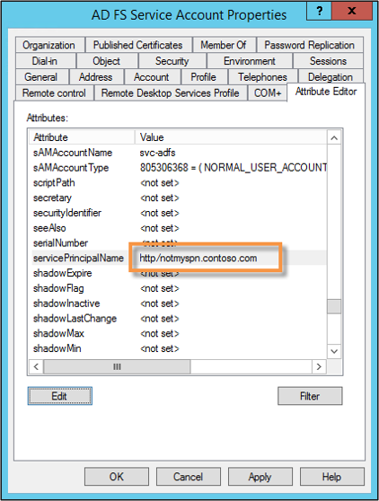 Screenshot of the Attribute Editor tab of the A D F S Service Account Properties dialog box showing the Service Principal Name value called out. 