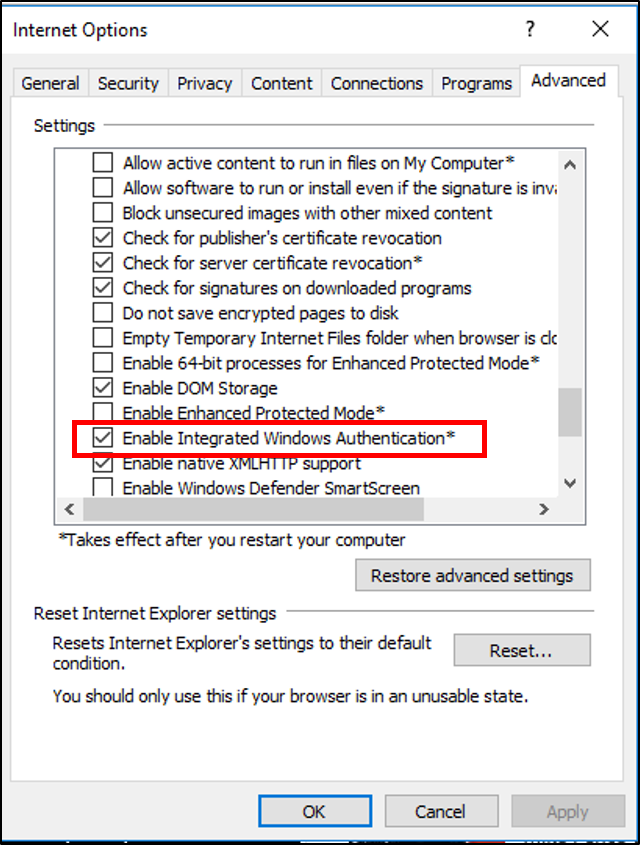 Screenshot of the Advanced tab of the Internet Options dialog box with the Enable Integrated Windows Authentication option called out.