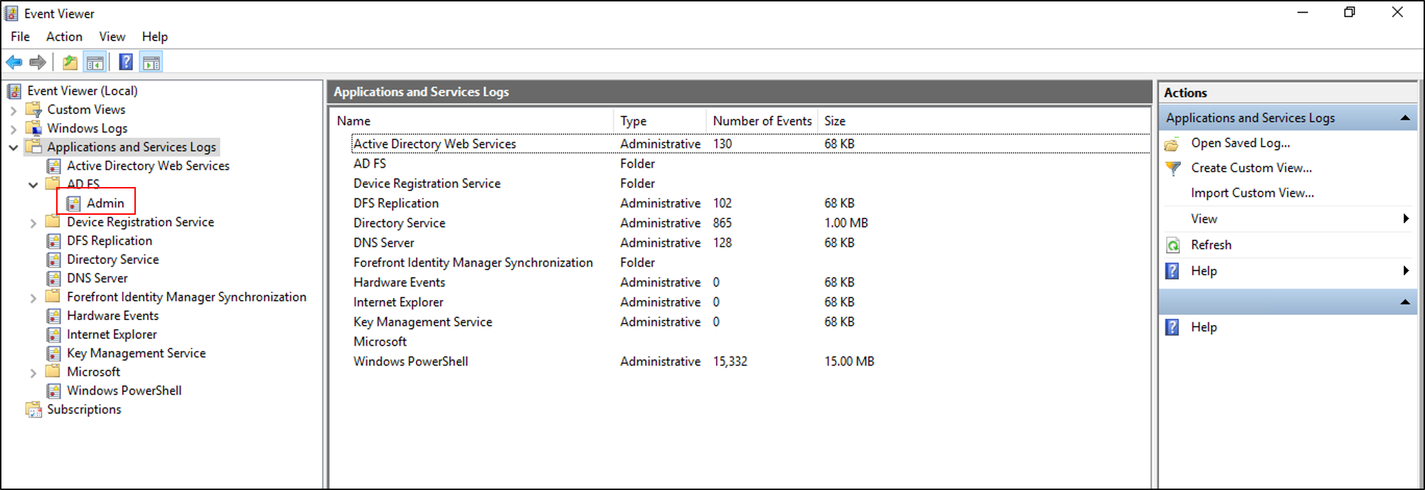 Screenshot of the Event Viewer with the Admin option called out.