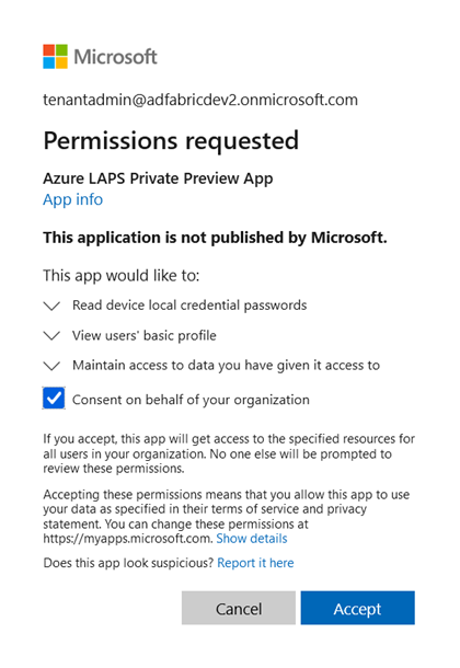 Screenshot that shows an Azure Active Directory application permissions consent dialog.