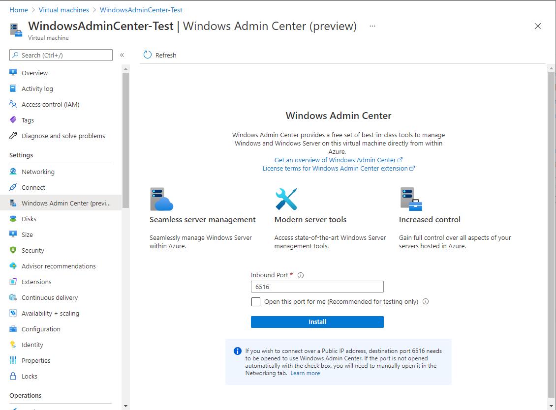 Screenshot showing the install button for Windows Admin Center on a VM.