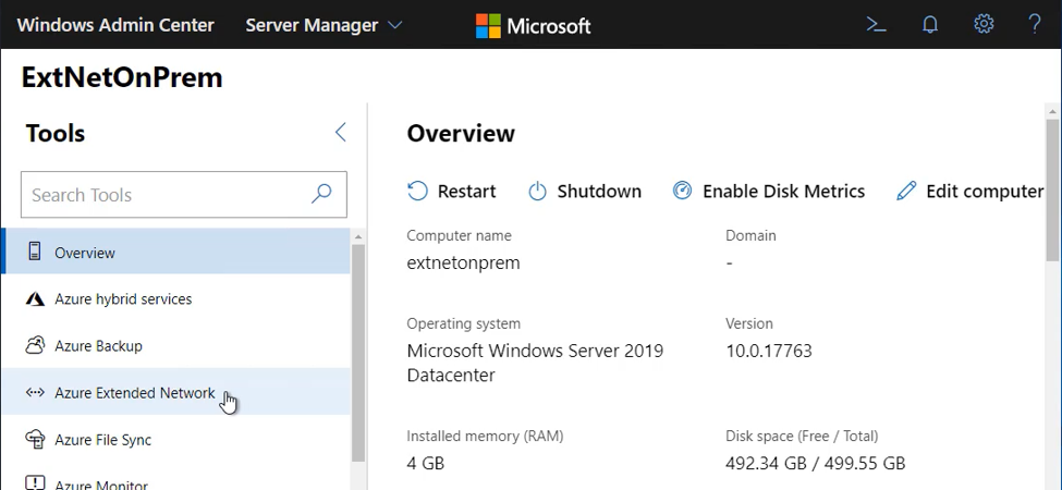 Screenshot of Windows Admin Center showing the extended network tool in Server Manager on the on-premises virtual appliance