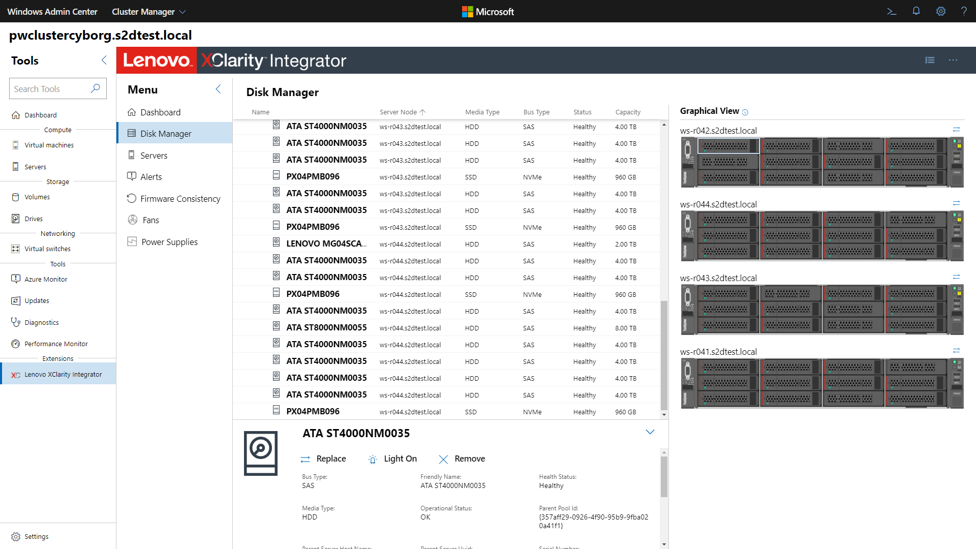Screenshot of the Lenovo XClarity Integrator extension tool showing the Disk Manager page.