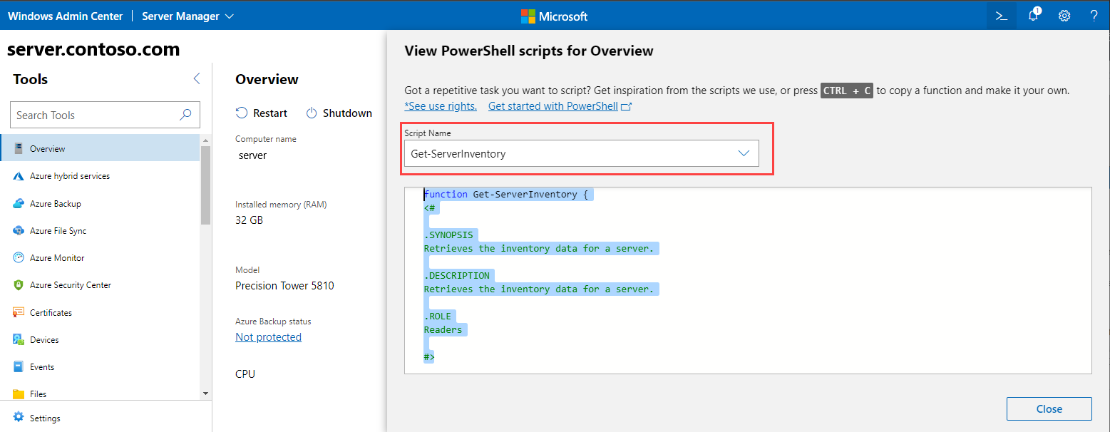 Screenshot of the View PowerShell scripts for Overview page.