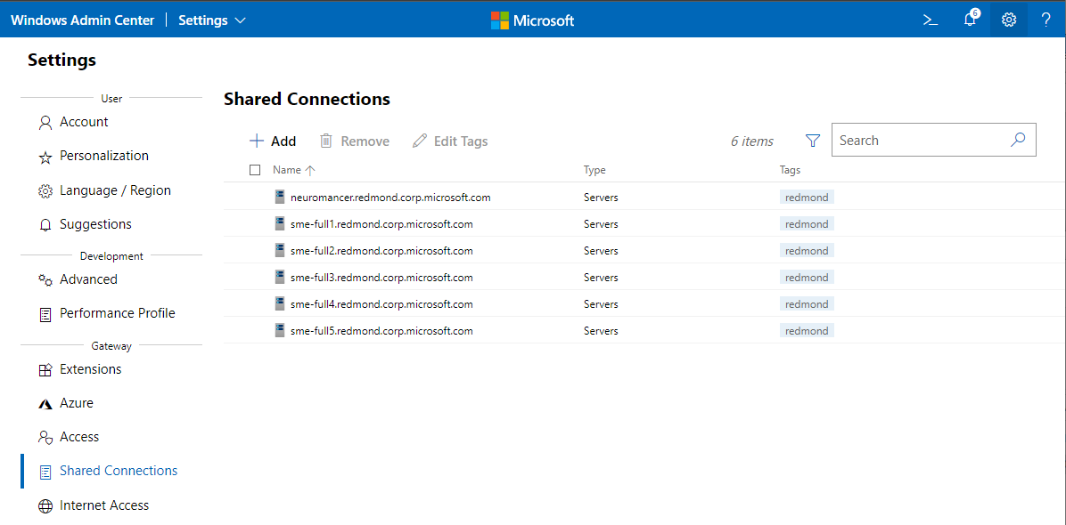 Windows Admin Center - Shared Connections page