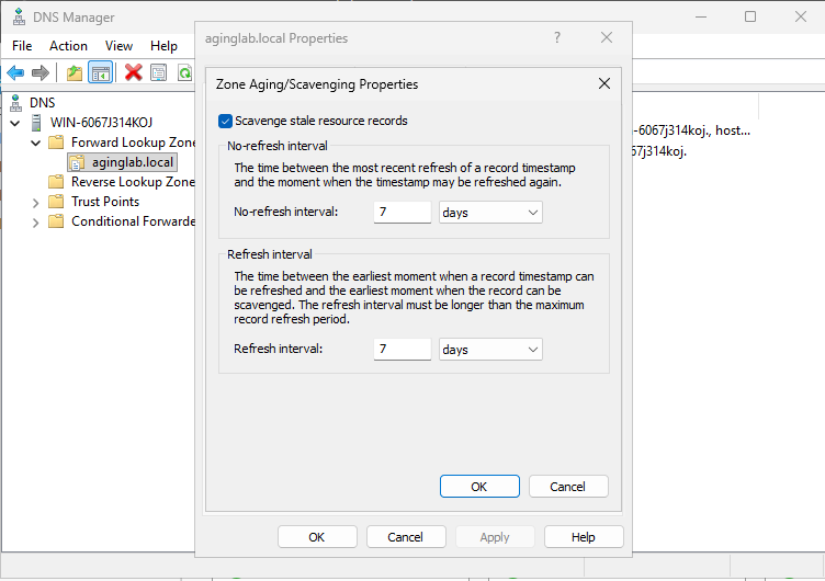 Screenshot of the No-refresh interval and Refresh interval values set to 7 days each in the zone Aging dialog box.