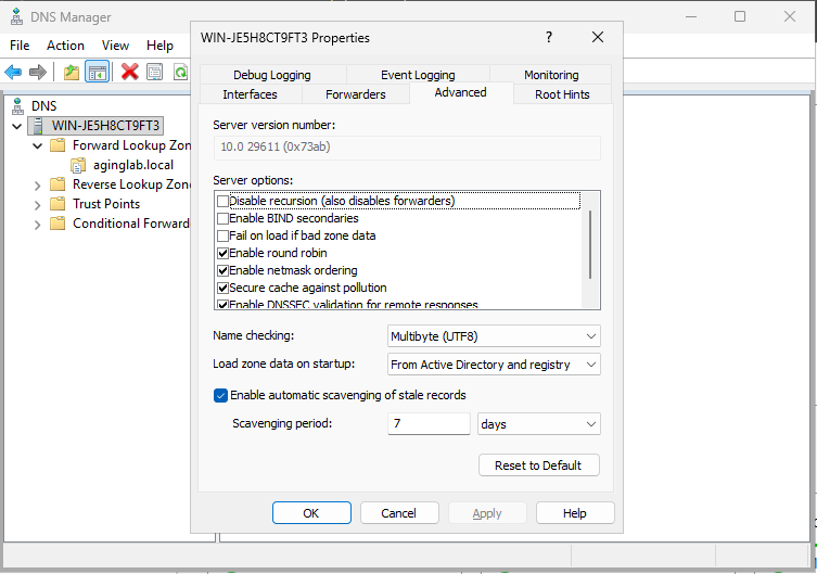 Screenshot of the Advanced tab in the DNS server Properties dialog box with Enable automatic scavenging of stale records selected.