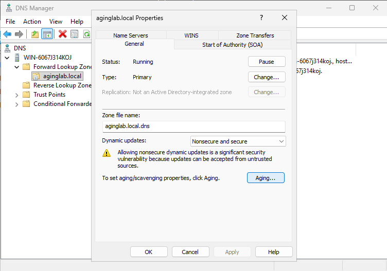 Screenshot of the Aging tab in a zone's Properties dialog box with Scavenge stale resource records selected.