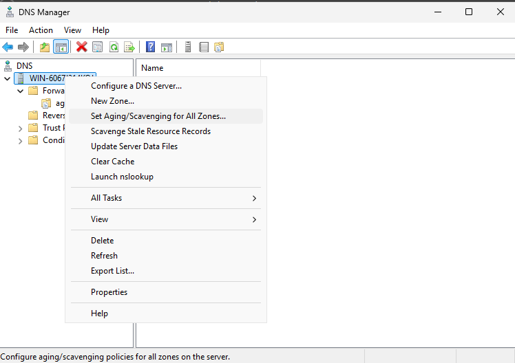 Screenshot of the Server Aging/Scavenging Properties dialog box with Scavenge stale resource records selected.
