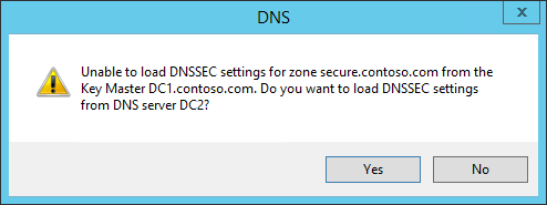 Screenshot of DNS Manager showing an alert dialog box that indicates DNSSEC settings for the zone couldn't be loaded from the Key Master.