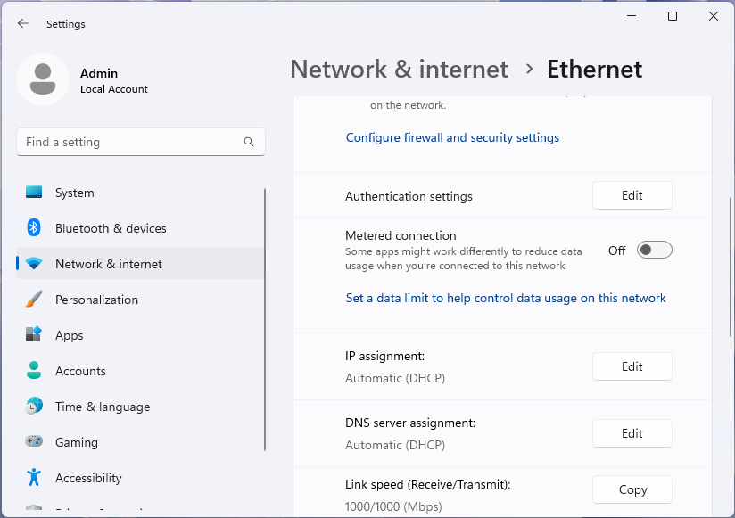 Screenshot of Ethernet page on Windows 11 settings app.