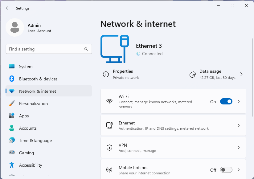 Screenshot of Network & internet page on Windows 11 settings app.