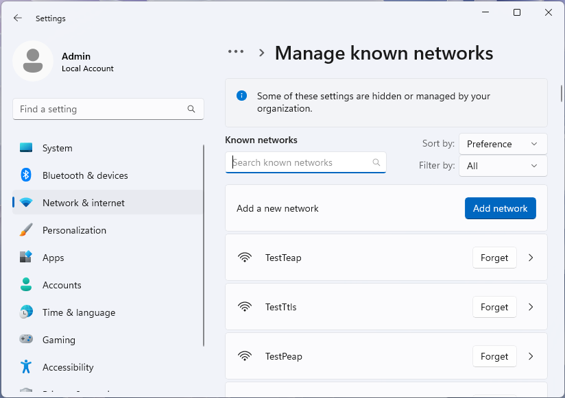 Screenshot of Manage known networks page on Windows 11 settings app.