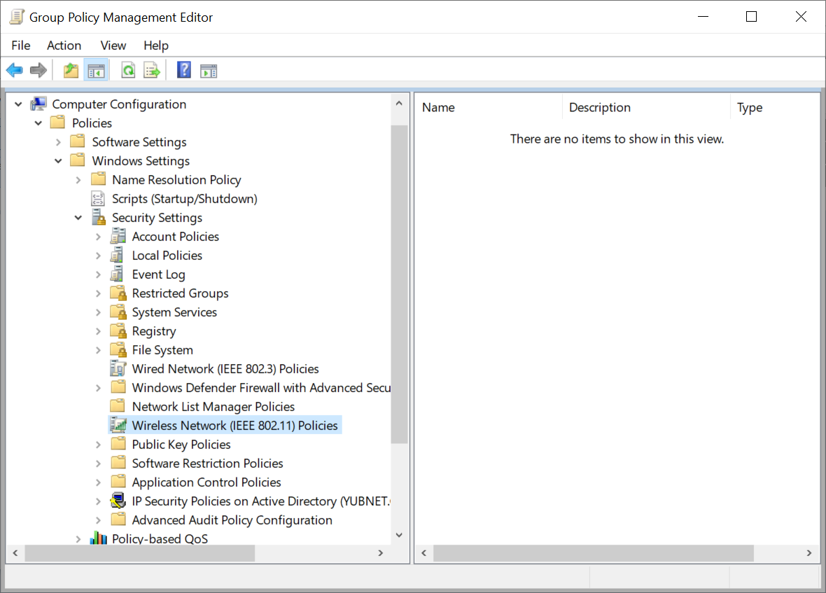 Screenshot showing Wireless Network (IEEE 802.11) Policies option in Group Policy Management Editor.