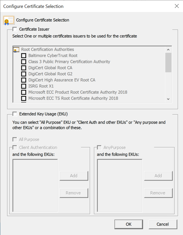 Screenshot showing the Configure Certificate Selection dialog.