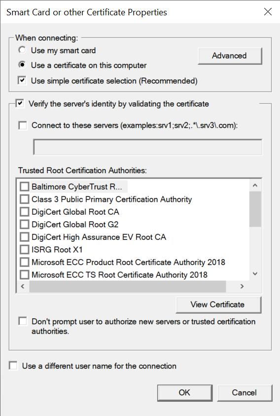 Screenshot showing the Smart Card or other certificate Properties dialog.