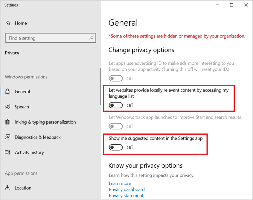 A screenshot of the privacy settings window. The two disabled settings are highlighted in red.