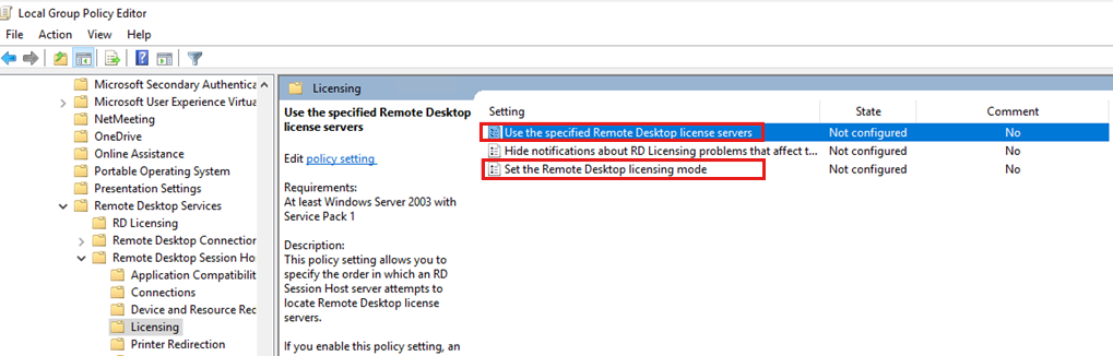 A screenshot of the list of policies for Remote Desktop licensing. Use the specified Remote Desktop license servers and Set the Remote Desktop licensing mode are highlighted with red borders.