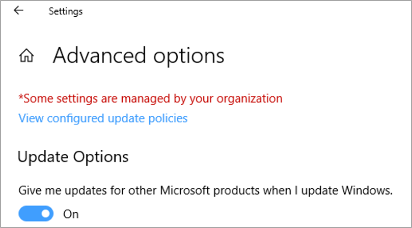 A screenshot of the advanced options menu. The "Give me updates for other Microsoft products" setting is turned on.