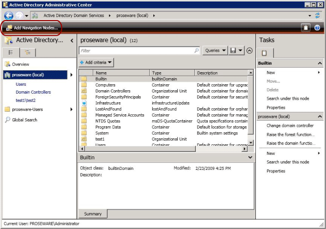 Screenshot of the Active Directory Administrative Center with the Add Navigation Nodes option available for selection called out.