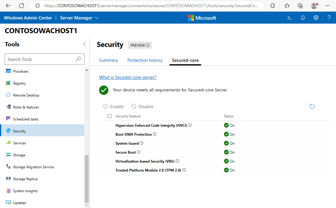 Screenshot showing the Windows Admin Center security extension in a browser window with Secured-core enabled.