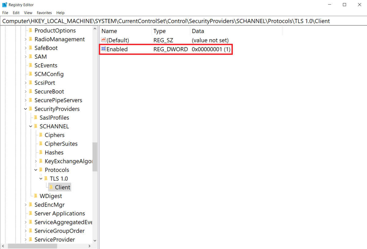 Screenshot of Set TLS 1.0 client-side to enabled in Windows Server registry setting.